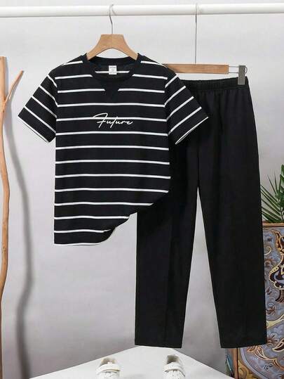 SHEIN 2pcs Kids Tween Boy Casual Versatile Striped Pattern Round Neck Patch Pullover Short-Sleeved T-Shirt Solid Color Loose Trousers Knitted Two Pieces Suit Suitable For School, Garden, Beach, Birthday Spring, Summer, Autumn And Winter Fall, Winter Season Summer Y2k Vacation Goth Gothic Streetwear Sumwon Burgundy Holiday Vintage Boho Festival Gras Party Cute Birthday Boys Modest Home Casual Cozy
