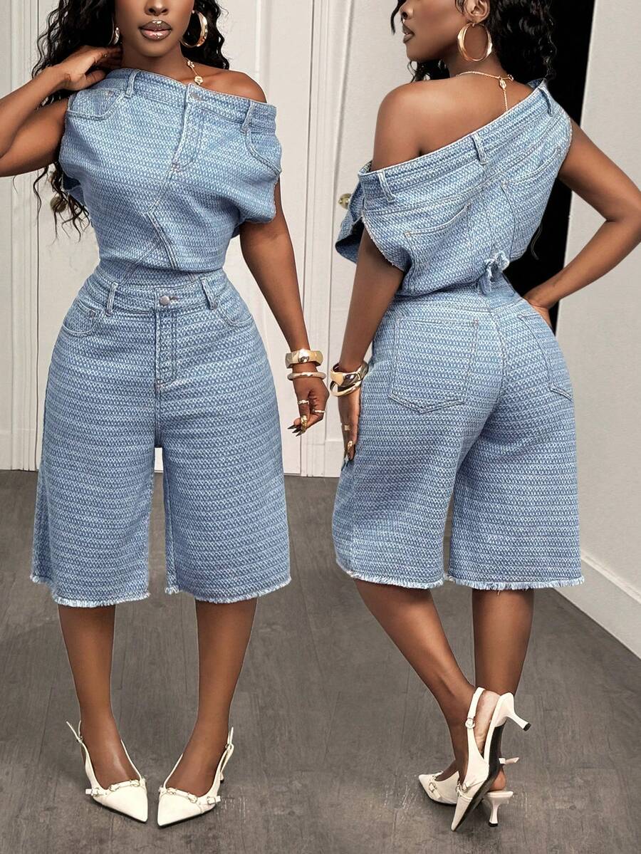 Slaydiva 女士时尚不对称领牛仔连体裤，夏季 - 淺色水洗藍 - 查看 1