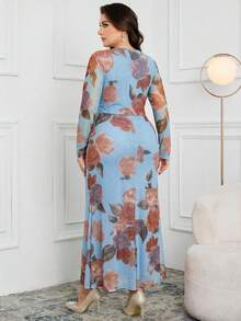 Modelyn 大码女式V领印花褶皱腰身优雅派对连衣裙 - 藍色 - 查看 3