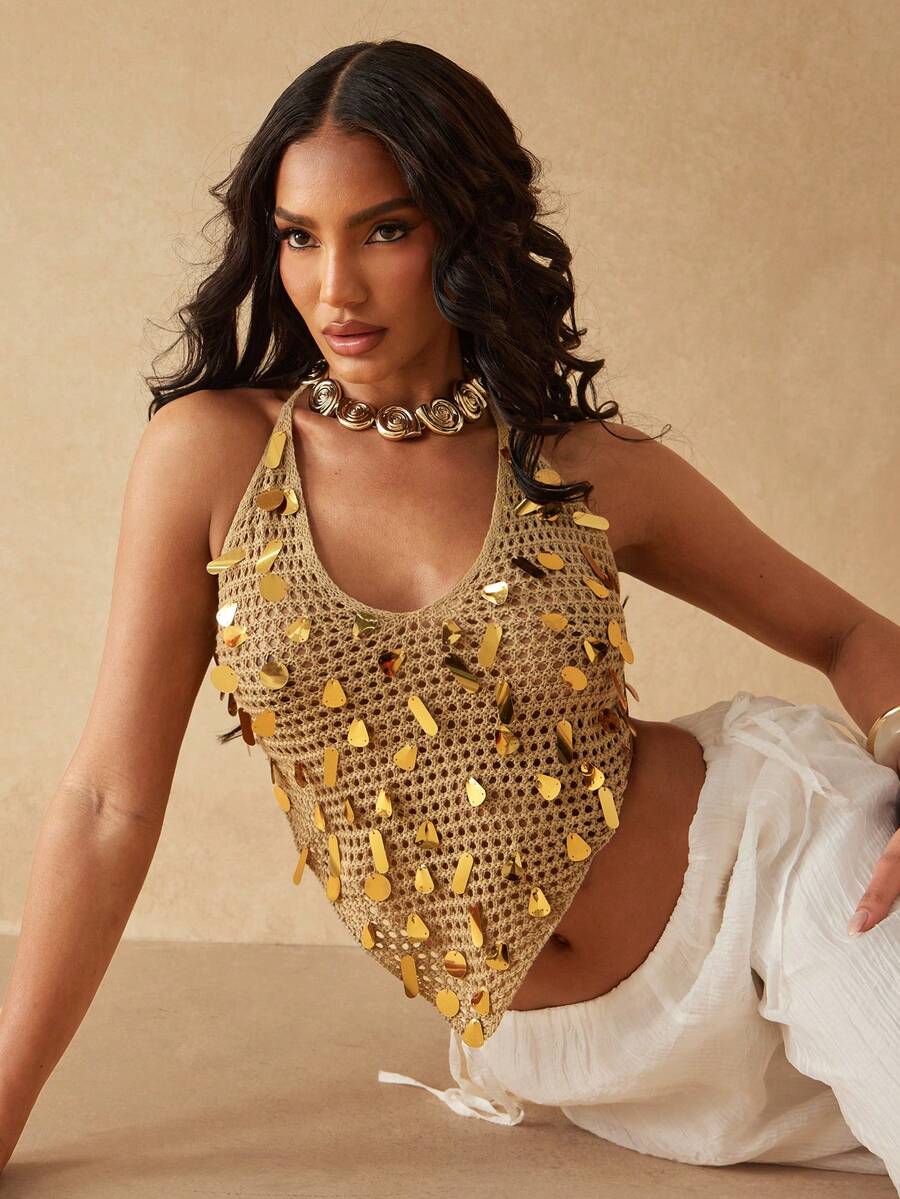 Silquee Summer Backless Sexy Sparkly Beaded Crochet Camisole, Vacation Camisole, Sexy Tank Top, Sequined Tank Top, V-Neck Sexy Tank Top, Sexy Hollow-Out Sequined Tie-Up Camisole Beach Cover-Up Knit Top. - Gold - View 1