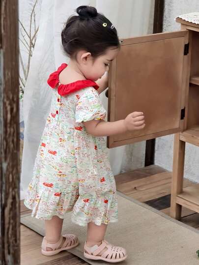 DAZY Đầm ngắn tay in họa tiết phối màu phong cách Hàn Quốc thường ngày cho bé gái.