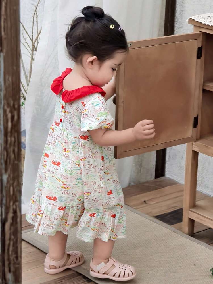 Toddler Girls' Colorblock Print Short Sleeve Casual Korean Style Dress