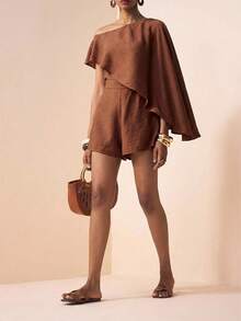 Zivah 2026春夏新款音乐节、复活节、圣帕特里克节、情人节、约会、西部风、游牧风、生日派对、毕业典礼、大学、学生、日常休闲、百搭基础款、休闲、度假、邮轮旅行、海滩、日光浴、热门款、街头风、婚礼宾客波西米亚风、通勤、早午餐、机场、派对、假日郊游、办公装、不对称肩部飘逸连体裤、亚麻棕色连体裤 - 棕色 - 查看 8