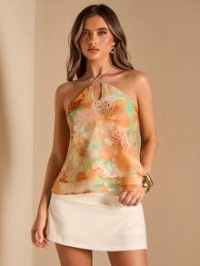 SHEIN BAE Orange Floral Criss-Cross Tie Ruffle Hem Asymmetrical Holiday/Vacation/Music Festival Blouse - Orange - View 5