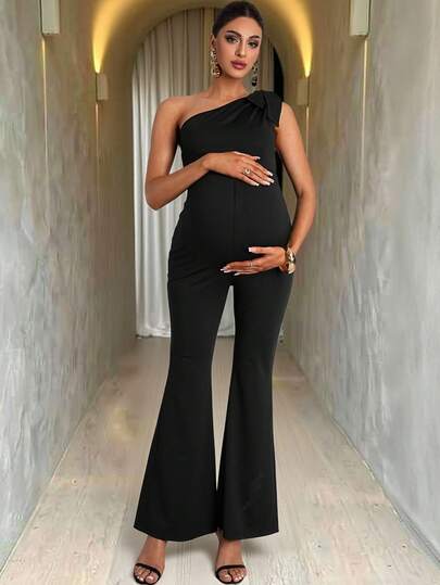MaterniChic 缎带装饰孕妇连体裤，修身纯色喇叭裤腿连体裤