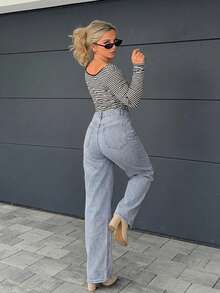 Jeta Ari Pantaloni in denim casual a gamba dritta e vestibilità ampia con tasche per donne - Grigio Chiaro - Visualizzare 2