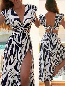 Cévolie Vestido de verano para mujer con estampado de cebra, detalles calados y abertura lateral - Blanco y Negro - Ver 1