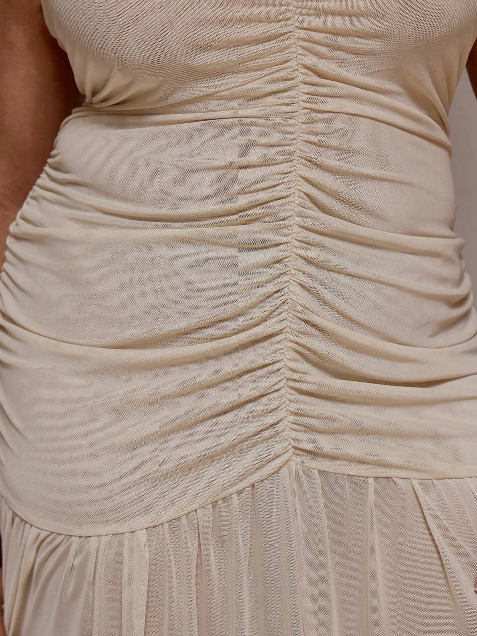 Curve Beige Mesh Plunge Front Spaghetti Strap Ruched Maxi Dress,Summer Boho Vacation Holiday Elegant Ibiza Festival Bridal Bachelorette Long Dress