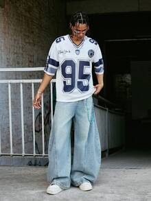 PAVTROS Áo thun nam casual kẻ sọc phối màu in số, áo thun mùa hè Brooklyn Jersey New York Jersey New York Yankee, áo bóng đá - trắng - Xem 4