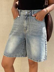 Livesso 女士休闲日常口袋纽扣牛仔短裤 - 藍色 - 查看 3