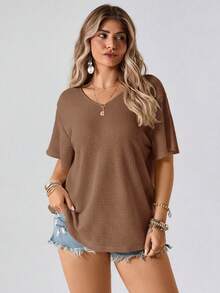 Freevana Plus Size Waffle Knit Batwing Sleeve T-Shirt - Brown - View 6