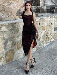 Bearsaez Women's Elegant Floral Flocked Mesh Slit Dress,Black Homecoming Dress,Witch Dress,Vampire Dress,Elegant Women Dresses,Day Of The Dead Outfit,Goth - Red and Black - View 1