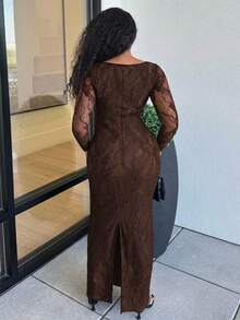 Alexandranx 女士秋冬新款性感S形蕾丝长袖紧身胸衣方领修身长裙，适合派对、约会、晚会 - 棕色 - 查看 2