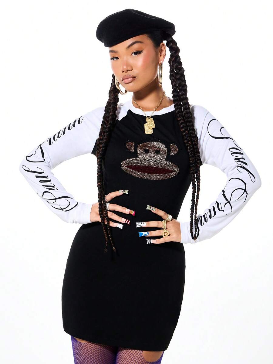 SUMWON X PAUL FRANK SUMWON WOMEN 女士撞色插肩袖迷你连衣裙，饰有水钻猴子图案印花，长袖修身圆领派对连衣裙 - 黑與白 - 查看 1