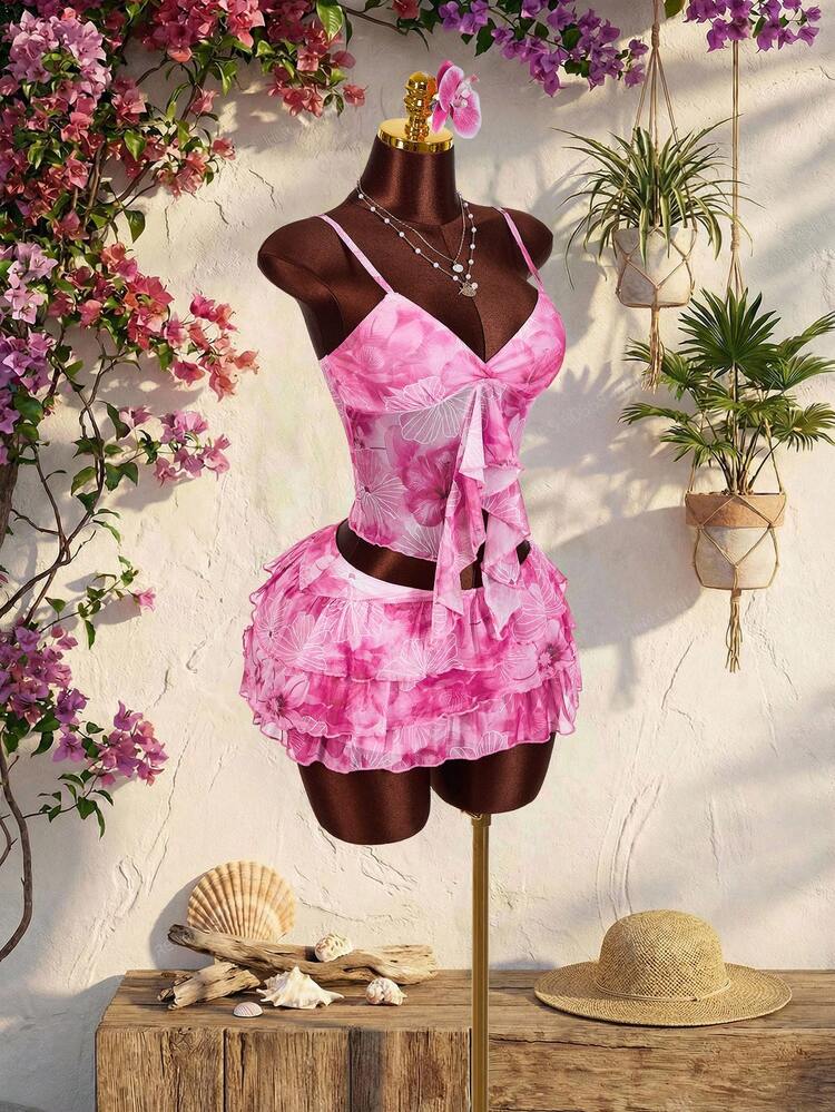 Amplova Dames tweedelige set met bloemenprint - Roze camisole top met bloemenprint en ruches aan de zoom, V-hals en rok met ruches aan de zoom, vakantie/casual zomeroutfit, vakantieoutfit voor dames, tweedelige zomerset voor dames, roze vakantieoutfit, roze tweedelige set - Baby roos - Bekijken 7