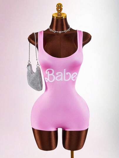 Amplova Damen Buchstaben-Muster Bodycon Romper für den täglichen Gebrauch