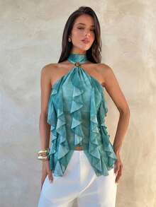 Aloruh Women's Elegant Multi-Layer Ruffle Trim Stand Collar Fitted Tank Top - Blue - View 4