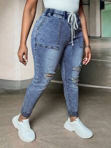 SHEIN ICON Plus Size Distressed Drawstring Waist Casual Slim Fit Summer Denim Jeans - Light Wash - View 5