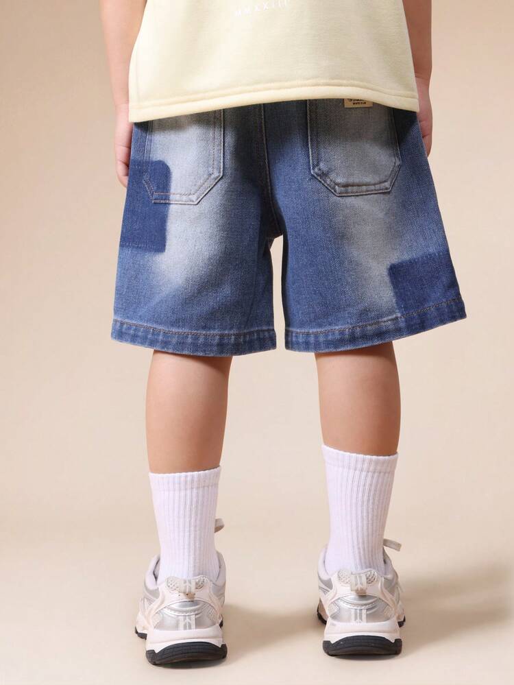 Boys Patchwork Denim Carpenter Shorts With Smokey Wash And Relaxed Fit Summer Casual Wear