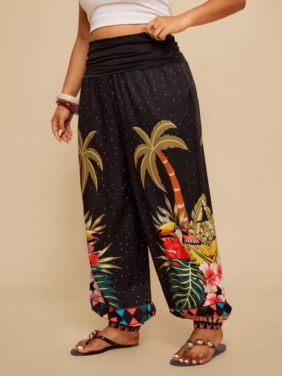 Travachic Plus Size Women Parrot & Coconut Tree Print Casual Vacation Pants