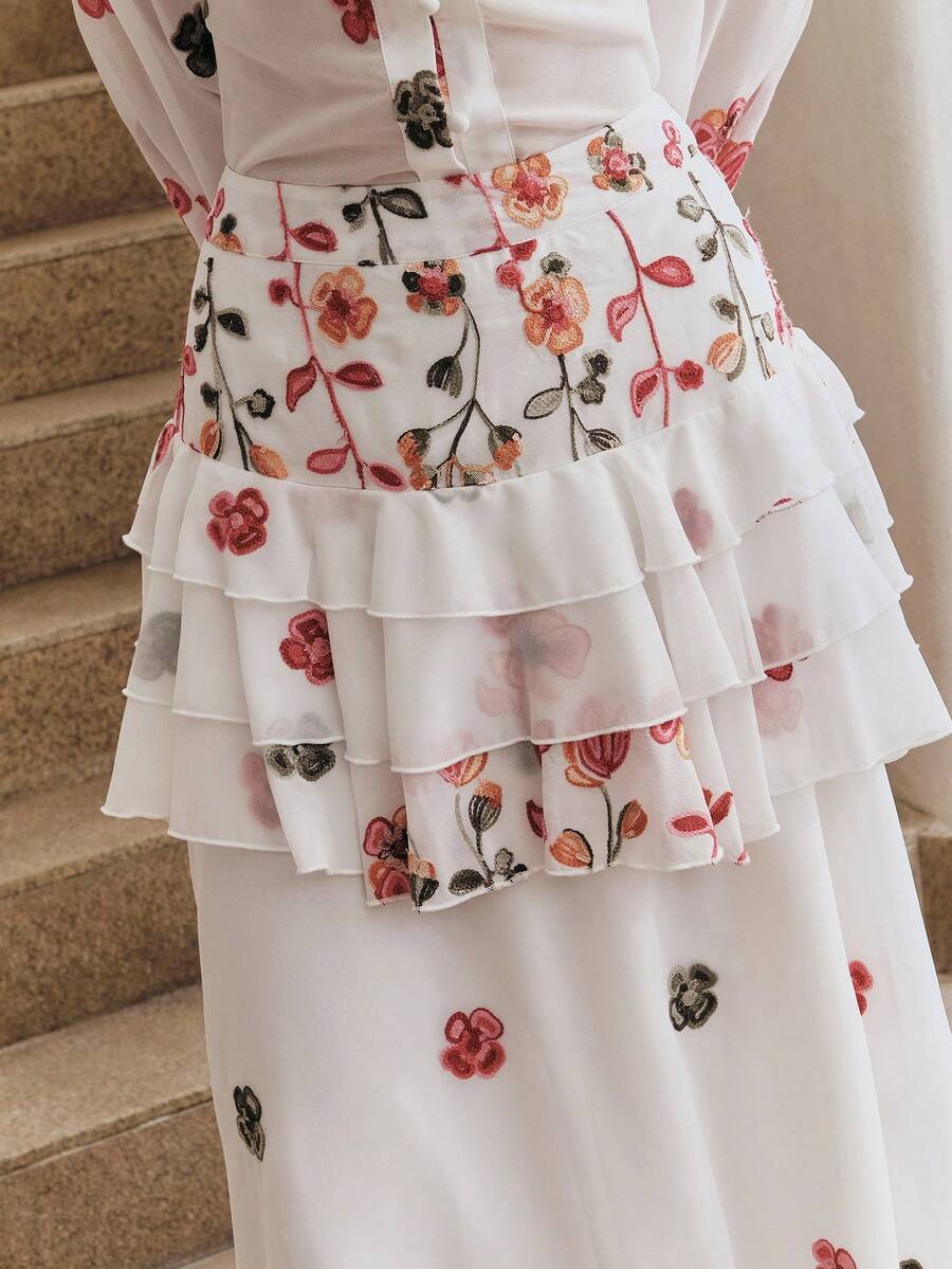 Anewsta Romantic French Floral Embroidery Layered Ruffle Hem High Waist Skirt - White - View 1