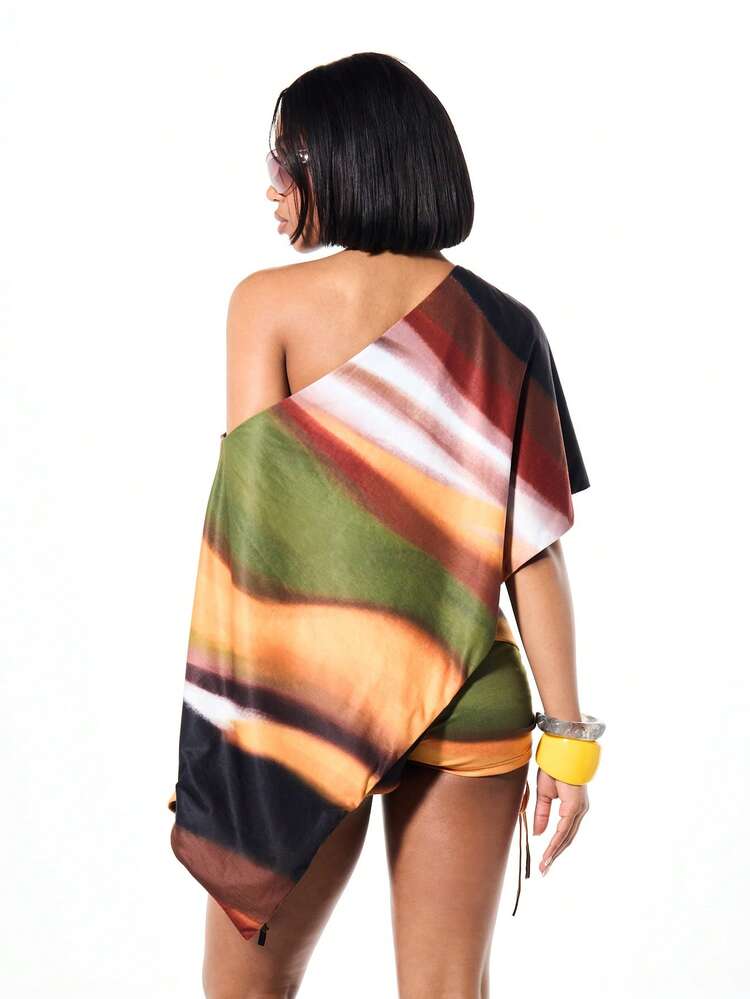 SUMWON WOMEN Abstract Print Off Shoulder Draped Top