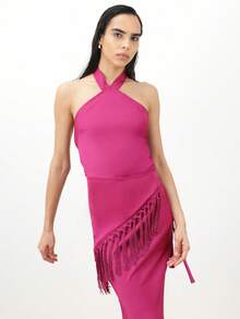 KSTM 露背吊带长裙，饰有流苏细节，适合特殊场合和晚宴活动 - 中紫紅色 - 查看 4