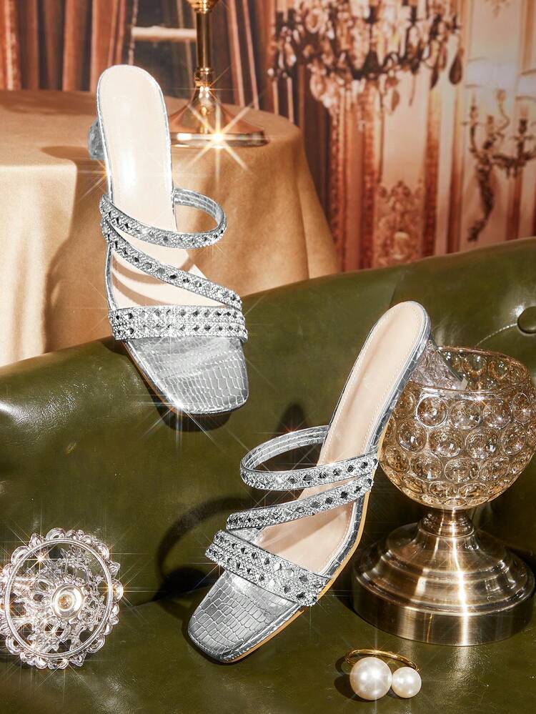 CUCCOO TILAWA Women's Square Toe Patent Leather Silver Rhinestone Strip Decoration Spring And Summer New Fashion Elegant Thick Heel High Heel Sandals