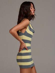 Athîral Women's Summer Casual Colorblock Striped Draped Neck Sleeveless Fitted Mini Knit Dress - Multicolor - View 6