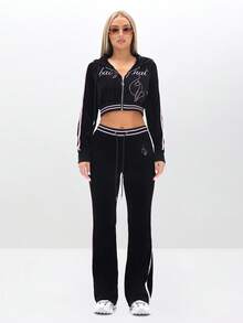 BABYPHAT Plus Size Black Velour Full Zip Sweatshirt With Pink Trim Contrast Detailing And Cursive Script Print Long Sleeve Track Jacket - Black - View 3