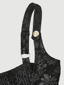 SHEIN MOD Women's Elegant Black Jacquard Spaghetti Strap Dress,Autumn Floral Brocade Corset Midi Skirt,Golden Button Gothic Victorian Pirate Style Dining Dress - Black - View 8