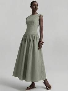 Ontre 2026 春季女士条纹拼接优雅女士条纹圆领无袖褶皱休闲连衣裙，日常穿着，复活节连衣裙，夏季连衣裙，优雅连衣裙，休闲连衣裙，超长连衣裙，节日连衣裙，婚纱 - 綠色 - 查看 6