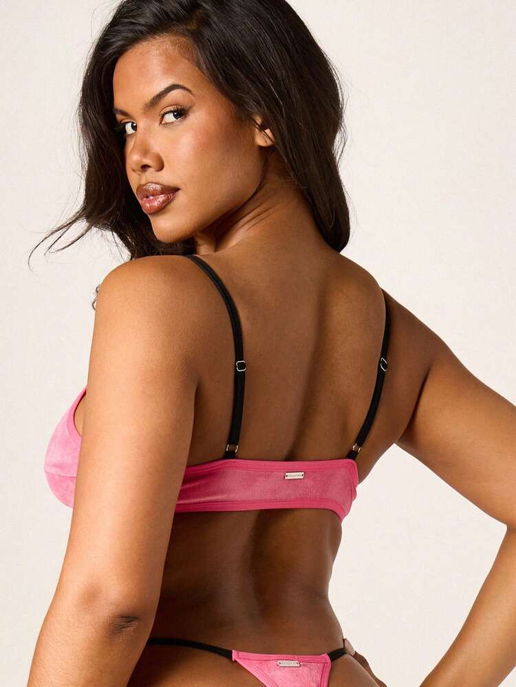 Missguided x Playboy Velour Hotfix Bra And Thong Panty Set With Bunny Logo Contrast Straps Plunge Cup Lingerie