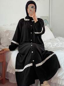 DAZY Contrast Color Ruffle Patchwork Polka Dot Lantern Sleeve Loose Women Nightgown - Black - View 6