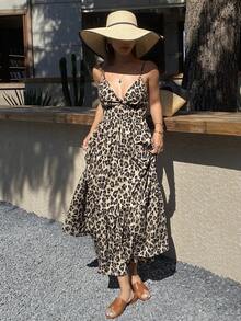 DAZY Women's Leopard Print Spaghetti Strap Mid-Length Dress, Korean Style, Spring/Summer - Coffee Brown - View 7