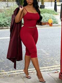 Veslaya Women's Plus Size Red Summer Satin Smart Casual Night Matching Set,Sleeveless Lace Trim Crop Top&High Waist Cropped Pants,Fitted Stretchy Knit Outfit - Burgundy - View 3