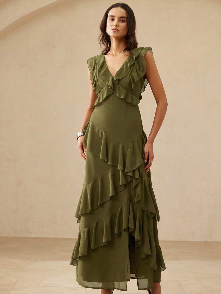 Aveloria Rosie Vestido elegante y de alta gama, ligero y lujoso de gasa verde oliva con cuello en V profundo, volantes en los hombros, cintura ceñida, múltiples volantes en el bajo, versátil para fiestas y resorts sofisticados para mujeres - Verde militar - Añade 6