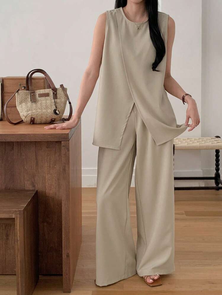 Women's Solid Color Crew Neck Sleeveless Top And Wide Leg Pants Casual 2-Piece Set Summer