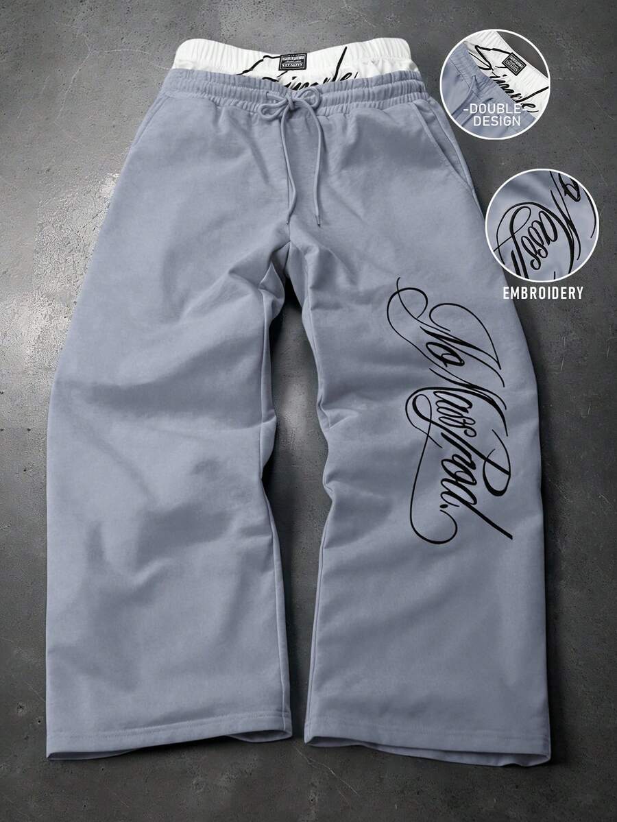 Manfinity Roghcode Men's Letter Print Drawstring Waist Pocket Casual Everyday Sweatpants - Dusty Blue - View 1