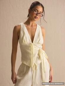 MUSERA Plunge Front Wrap Tie Waist Detail Co-Ord Top Only Spring Summer Cosy Cute Daily Girly Vacation Sunlight Social Easter Spring Summer - Light Yellow - View 1