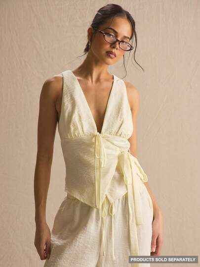 MUSERA เสื้อครอปผูกเอวหน้าอกลึกสำหรับฤดูใบไม้ผลิและฤดูร้อน สวมใส่สบาย น่ารัก เหมาะสำหรับวันหยุดพักผ่อน แสงแดด โซเชียล อีสเตอร์ ฤดูใบไม้ผลิ ฤดูร้อน