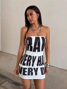 StreetHx Women's Black Letter Print Bandeau Dress - White - View 6