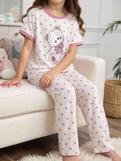 Genkimix Kids 女童可爱兔子波点印花短袖上衣和宽松裤子两件套休闲舒适睡衣套装