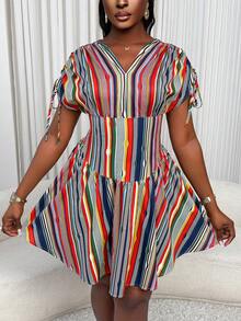 Xyvia Women's Colorful Striped V-Neck Ruched Drawstring Shoulder Sleeve Waist Flared Dress, Elegant Holiday Dress For Spring/Summer - Multicolor - View 3