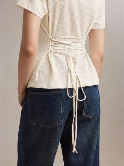 BizChic 2026春夏新款杏仁纹理针织露肩系带蝴蝶结上衣，浪漫休闲时尚，适合派对、办公室、日常穿着