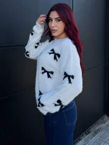 Bearsaez 新款圆领蓬松蝴蝶结针织毛衣，女款，长袖上衣 - 黑與白 - 查看 3