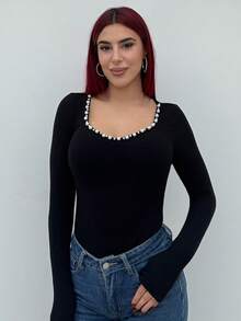 Bearsaez Women's Faux Pearl Sweetheart Neck Bodysuit, Long Sleeve - Black - View 3