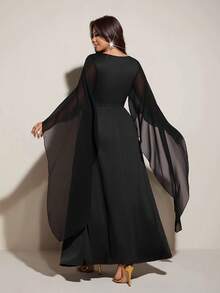 Viva Relle Sexy & Elegant Solid Color Deep V-Neck Waist Cinched Long Dress - Black - View 2