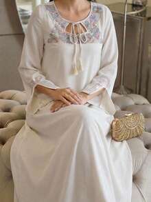 Al Najma Women's Rhinestone Decor Tassel Tie Neck Long Sleeve Elegant Arabic Style Dress - Apricot - View 1
