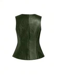Ellevyn Chaqueta de motociclista de cuero sintético negro para mujer, de otoño - Verde - Ver 2